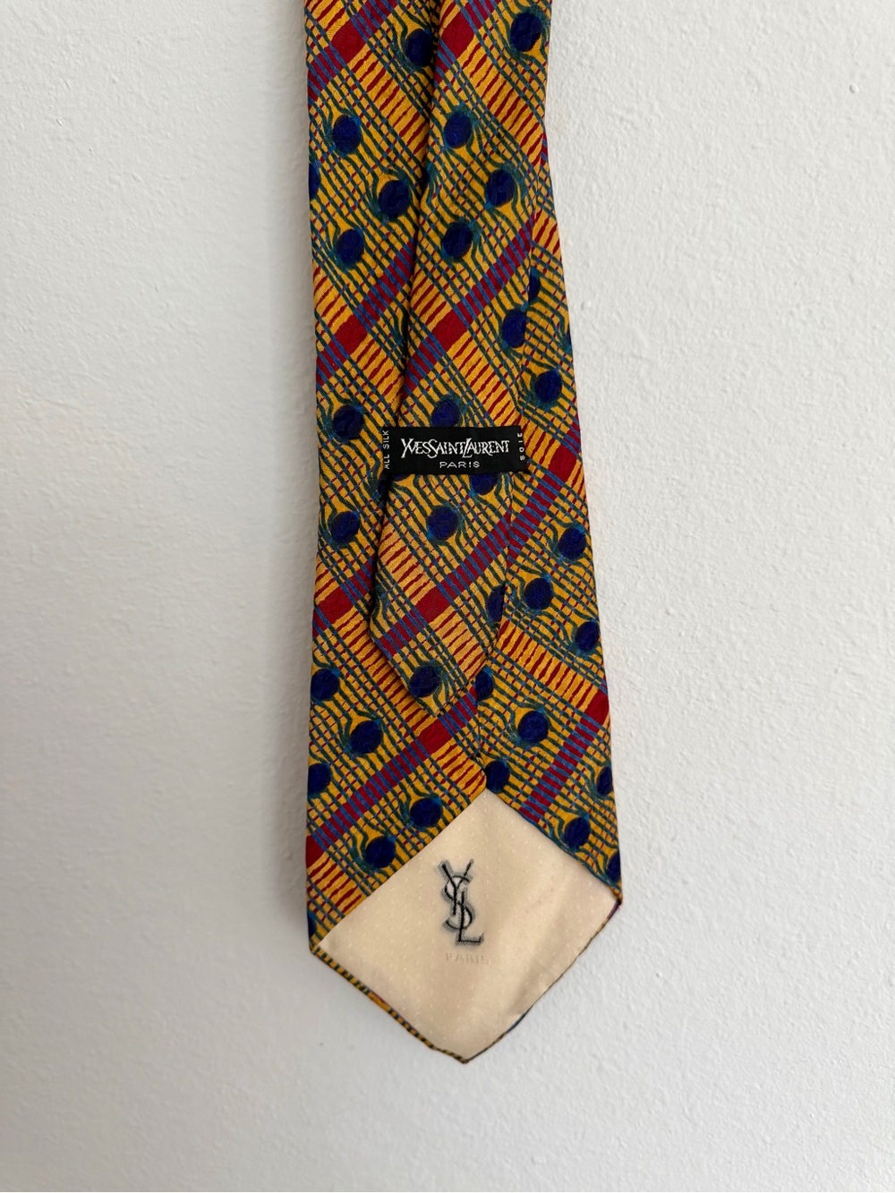 Vintage Yves Saint Laurent Yellow Plaid Silk Tie with Blue Dot and Red Accents